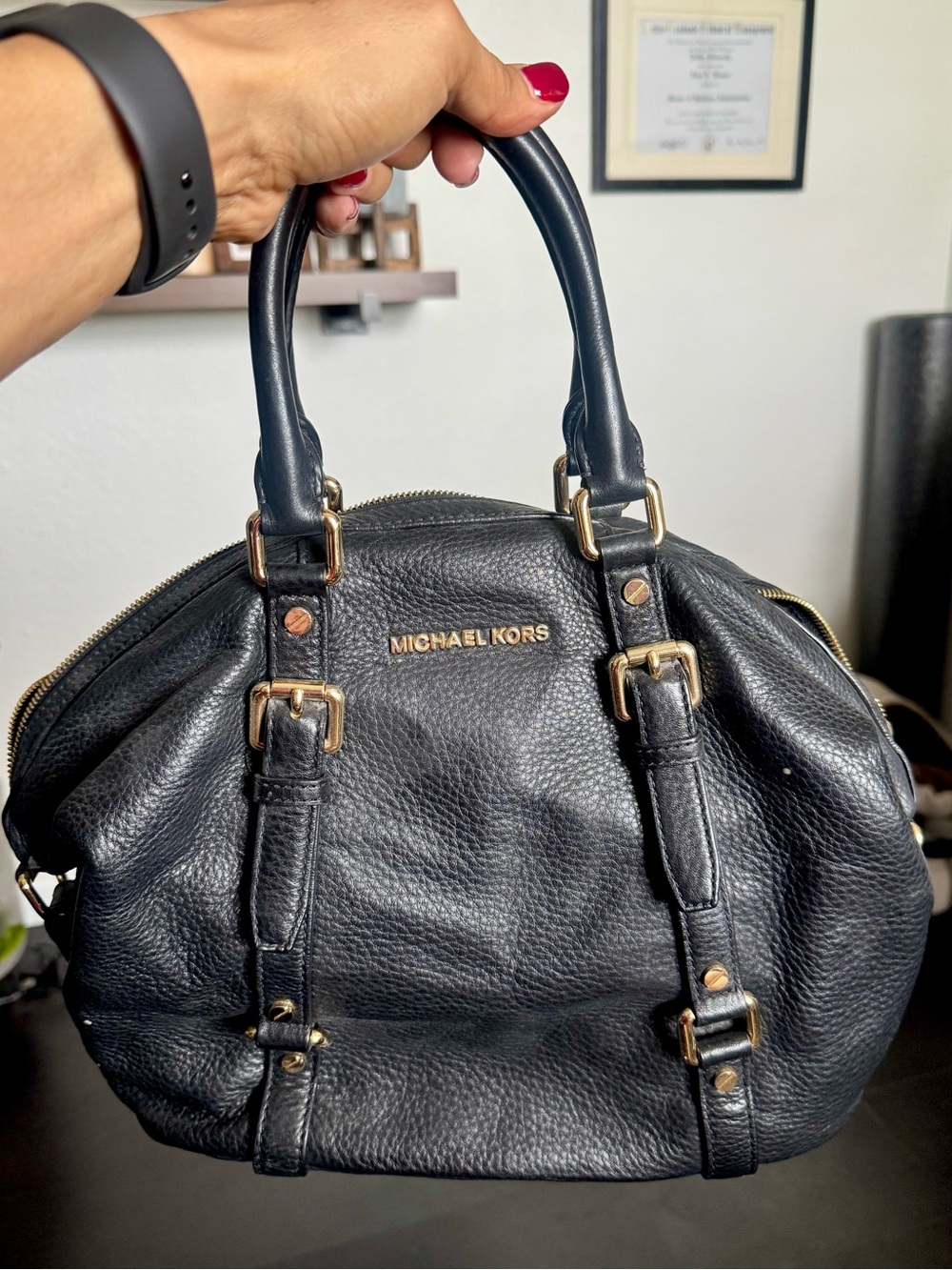 MICHAEL Michael Kors Black Pebbled Leather Satchel with Gold Hardware